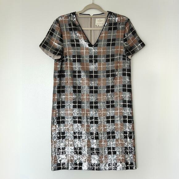 NWOT Kate Spade Sequin Plaid Shift Dress Pumice 4 V Neck Short Sleeve Party Mini - Picture 15 of 16